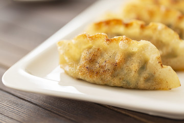 Pan Fried Dumpling, with sauce. Asian food. 