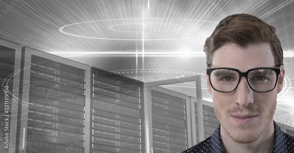 Poster man with computer servers and technology information interface
