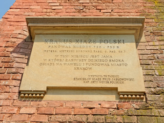 Wawel Royal Castle, Krakow, Poland. Commemorative plaque for prince Krak, who founded Krakow. - obrazy, fototapety, plakaty