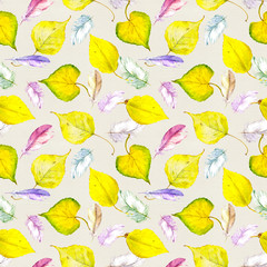 Watercolor yellow autumn leaves and feathers. Repeated pattern.
