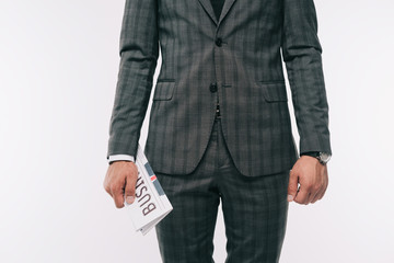 cropped image of businessman holding newspaper isolated on white