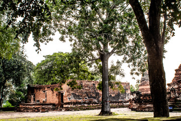 The old tower built of bricks is damaged at Worachet temple in Ayutthaya ,Thailand.