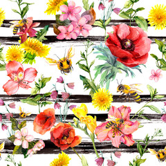 Summer flowers, meadow grass, bees at monochrome striped background. Repeating floral pattern. Watercolor and black stripes