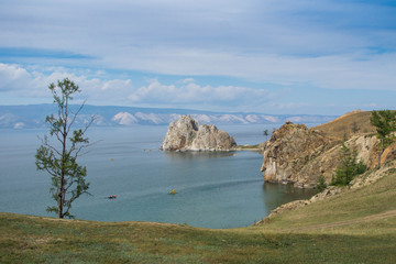View at Shamanka Rock (Cape Burkhan) from Olkhon island, lake Baikal.
