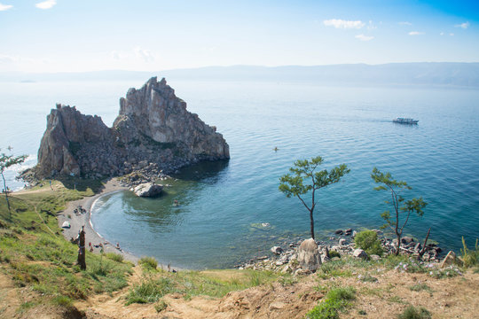 View at Shamanka Rock (Cape Burkhan) from Olkhon island, lake Baikal.