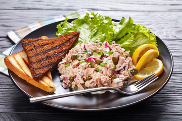 close-up of Tuna, capers and red onion salad