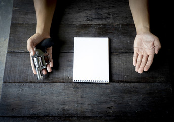 Flat lay. Top View. Journal of the police or the culprit is planning something.,.Illegal or intimidating businesses, bad guys, bad guys and bad plans.