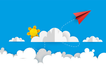 illustration of origami cloudscape, plane flying on sky with paper cloud and sun. design by paper art and digital craft style.