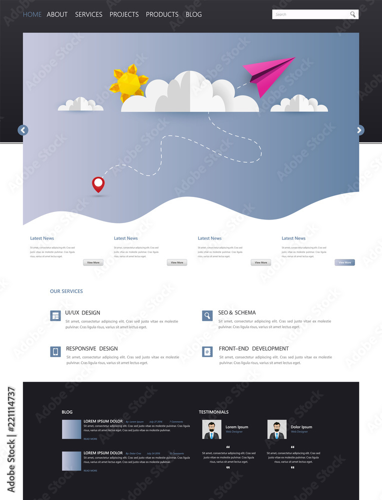 Poster colorful vector website with origami paper clouds and sky header design.