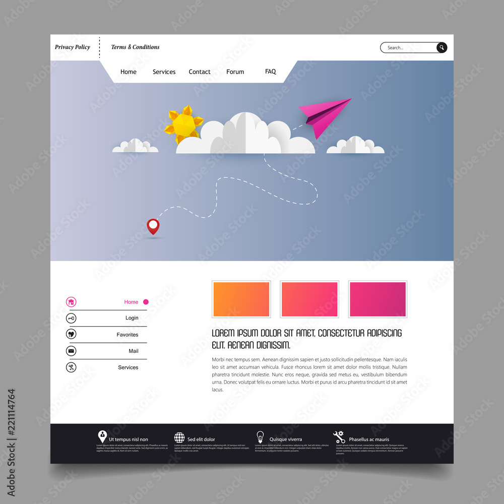 Sticker colorful vector website with origami paper clouds and sky header design.