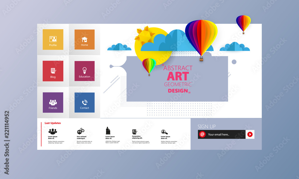 Poster colorful vector website with origami paper clouds and sky header design.