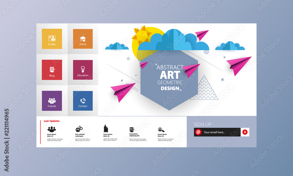 Poster colorful vector website with origami paper clouds and sky header design.