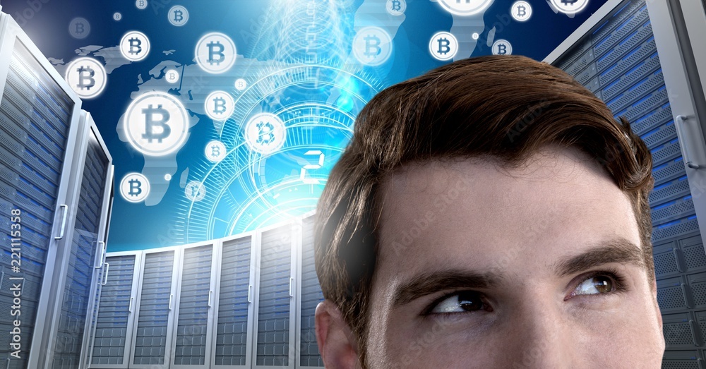 Poster Man with computer servers and bitcoin technology information