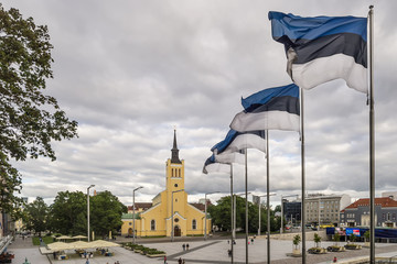 National flags of Estonia waving at Freedom square near the church of St. John, in the historical center of Tallinn