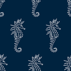 vector seamless pattern of white seahorse contour on dark blue background. Hippocampus silhouette background