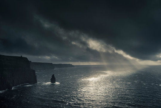 Cliffs of Moher at sunset with hurricane Ophelia approaching, Doolin, Clare, Ireland