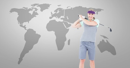 Golf woman with world map