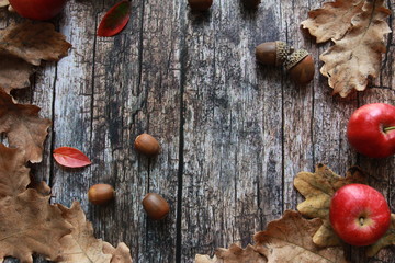 Autumn leaves, red apples and acorns on wooden desk. September harvest, thanksgiving concept. Oak, foliage, planks, fall background, copy space