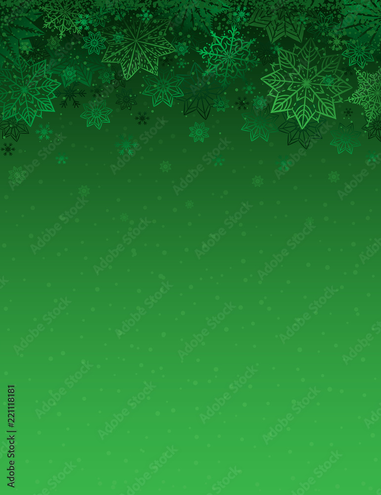 Wall mural green christmas background with snowflakes and stars, vector illustration