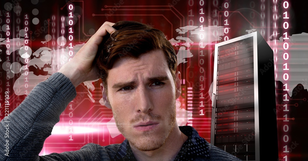 Poster man with computer server and technology information interface