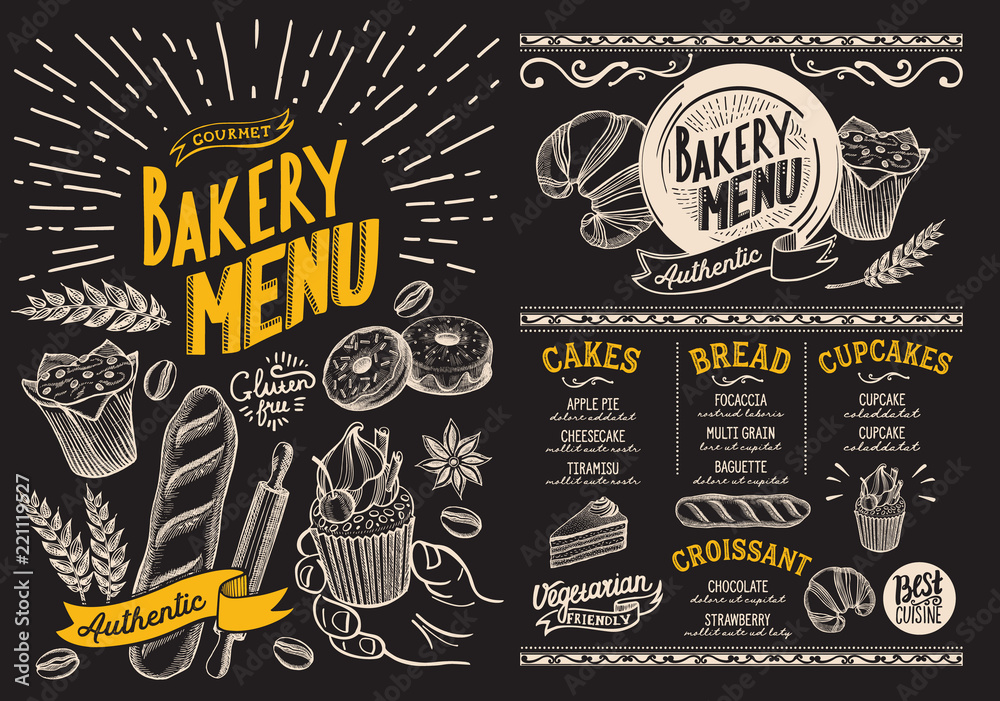 Wall mural Bakery menu for restaurant. Design template on blackboard with food hand-drawn graphic illustrations. Vector food flyer for bar and cafe.