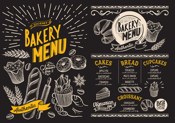 Bakery menu for restaurant. Design template on blackboard with food hand-drawn graphic illustrations. Vector food flyer for bar and cafe. - 221119527
