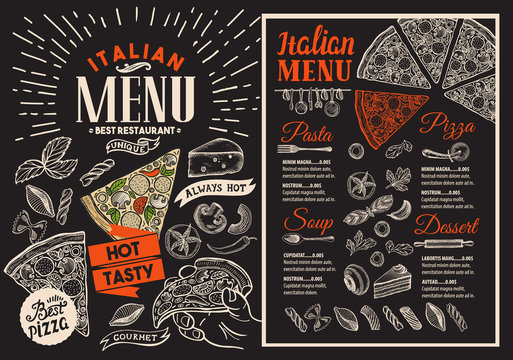 Pizza restaurant menu on blackboard. Vector food flyer for bar and cafe. Design template with vintage hand-drawn illustrations.