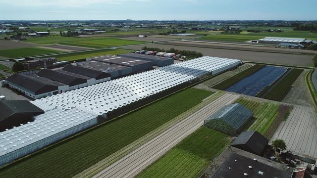 Greenhouse and agriculture in Dutch landscape. Aerial pullback.