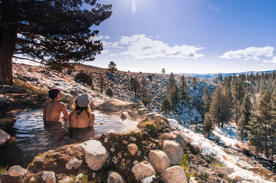 Tourists relaxing in hot spring near Bridgeport, California, USA