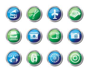 Retro business and office object icons over colored background - vector icon set