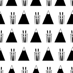 Seamless pattern with black skis and mountain on the white background.