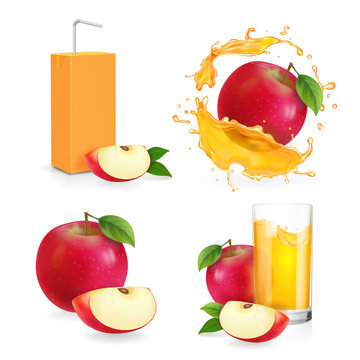 Realistic Apple Juice Splash, Drinking Glass With Flresh, Apple Fruit Slice And Juice Package Vector Illustration Vector Icon