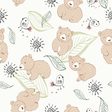 Vector cute seamless pattern with cartoon bears