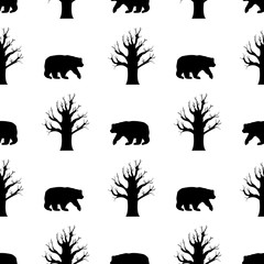 Seamless pattern with black bear and trees on the white background.