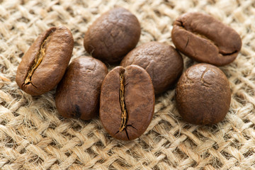 Roasted coffee beans closeup on canvas