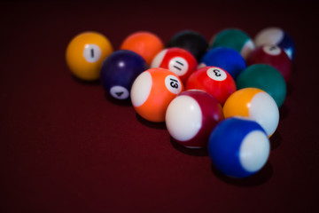 High angle/side view, of a snooker balls and table. Lifestyle, hobby, sports, leisure, competition, entertainment, games and reacreational is the concept