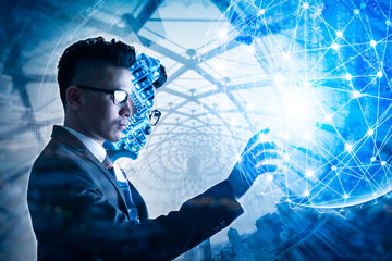 The double exposure image of the businessman standing overlay with the CPU installing image and cityscape is backdrop. the concept of AI, electronics, intelligence, technology and internet of things.