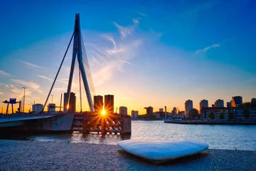 Zelfklevend Fotobehang Erasmus Bridge on sunset, Rotterdam, Netherlands © Dmitry Rukhlenko
