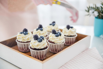 a concept of baking sweet cupcakes and muffins at home