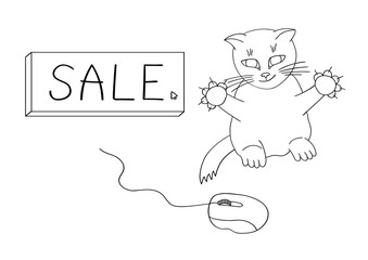 The cat hunts for a computer mouse to get on sales. Humor