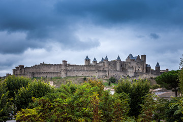 Fototapeta na wymiar Immerse yourself in beauty of old town fortress of Carcassone castle, France. Panoramic view captures stunning architecture and history of this iconic landmark. Perfect for travel and tourism projects