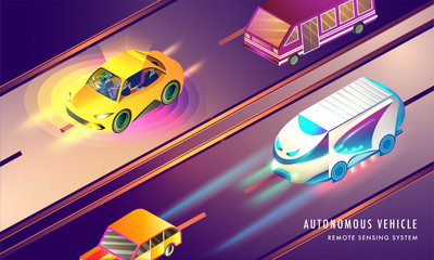 Responsive web template design, isometric illustration of smart vehicle on urban landscape background for Autonomous Vehicle with Remote Sensing technology concept.