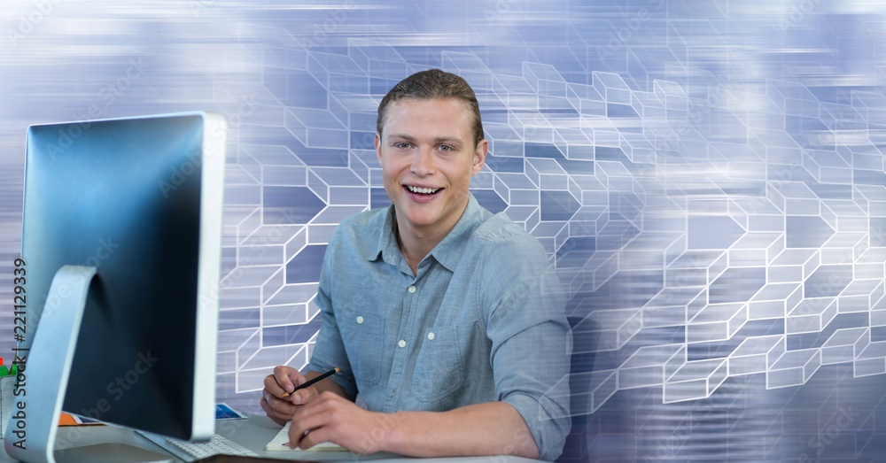 Poster man using computer with geometric transition