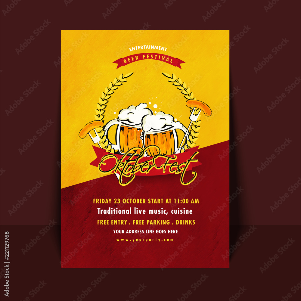 Sticker beer festival oktoberfest concept invitation card design with time and venue details.