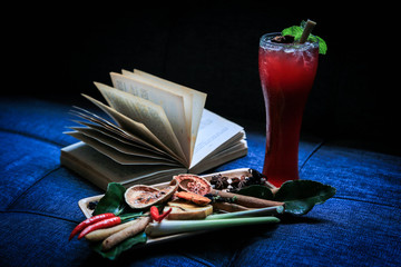 Herbal drink,Dark black background with copy text area.