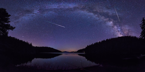 Milky Way and the Perseids / Long time exposure night landscape with Milky Way Galaxy during the Perseids flow above the Beglik dam in Rhodopi Mountains, Bulgaria