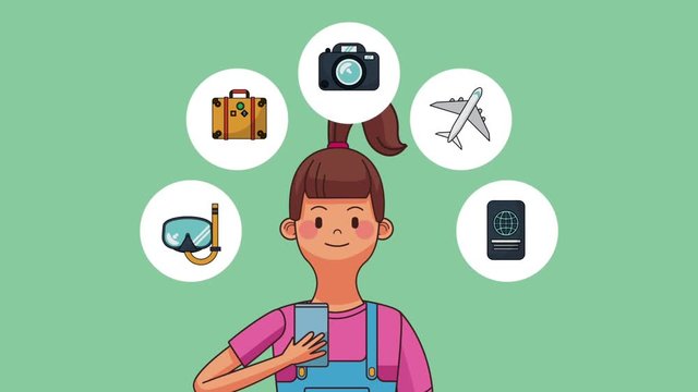 Woman using smartphone with travel round icons high definition colorful animation scenes