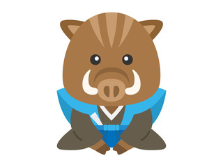 着物を着た猪のキャラクターイラスト