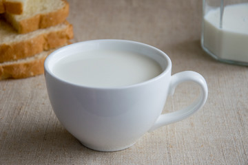 Obraz na płótnie Canvas A cup of milk and pieces of white bread.