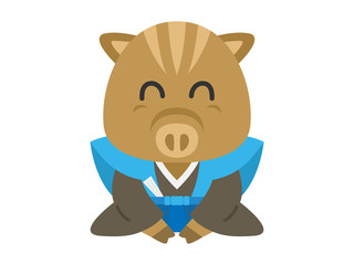 着物を着た猪のキャラクターイラスト